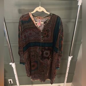 Johnny Was Brown and Green Relaxed Tunic with Mandarin Collar